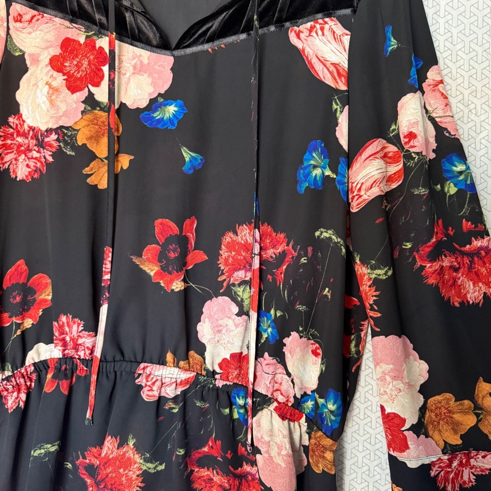 Worthington Black Floral Velvet‎ Trim Long Sleeve Peplum Blouse Women's XL - Picture 4 of 9
